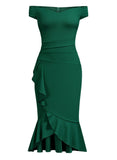 Off Shoulder Ruffle Pleat Waist Cocktail Dress - Aisize - New Vintage Simplified Design