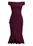 Off Shoulder Ruffle Pleat Waist Cocktail Dress - Aisize - New Vintage Simplified Design