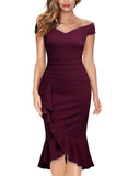 Off Shoulder Ruffle Pleat Waist Cocktail Dress - Aisize - New Vintage Simplified Design