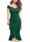 Off Shoulder Ruffle Pleat Waist Cocktail Dress - Aisize - New Vintage Simplified Design