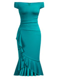Off Shoulder Ruffle Pleat Waist Cocktail Dress - Aisize - New Vintage Simplified Design