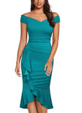 Off Shoulder Ruffle Pleat Waist Cocktail Dress - Aisize - New Vintage Simplified Design
