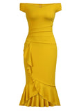 Off Shoulder Ruffle Pleat Waist Cocktail Dress - Aisize - New Vintage Simplified Design