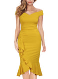 Off Shoulder Ruffle Pleat Waist Cocktail Dress - Aisize - New Vintage Simplified Design