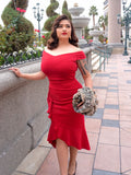 Off Shoulder Ruffle Pleat Waist Cocktail Dress - Aisize - New Vintage Simplified Design
