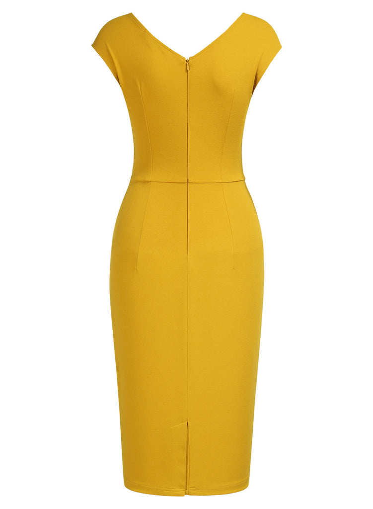 mustard yellow pencil dress Women's Midi Gold Yellow Fitted Dress | Stretch Crepe Fabric