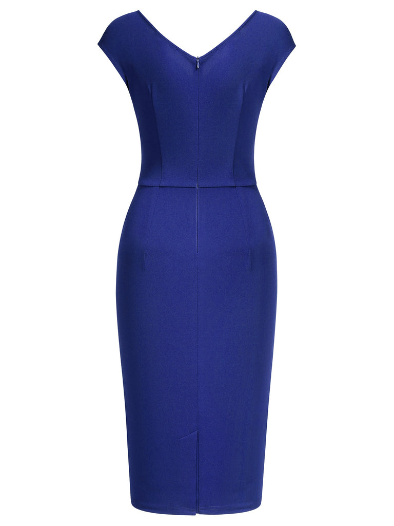 MUXXN Women's Vintage Sleeveless Pencil Dress – V-Neck, Midi Length, Navy Blue, Size M