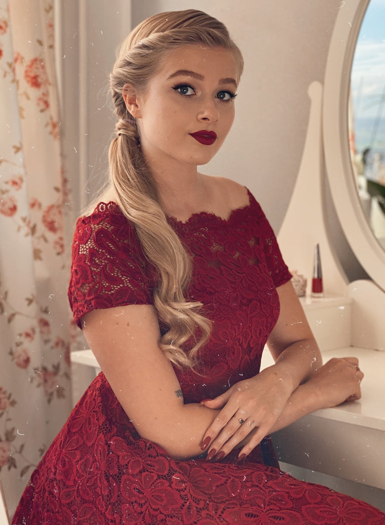 Lace Short Sleeve Boat Neck Swing Dress Aisize Lace Short Sleeve Boat Neck Swing Dress Aisize